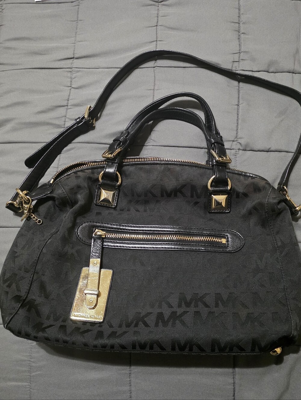 Michael Kors Black MK Signature Monogram Satchel Shoulder Bag Gold Hardware